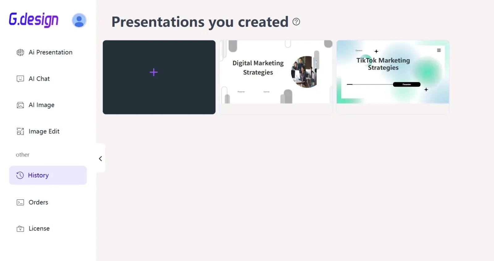 Accessing past presentations and history in the Gamma.design user workspace