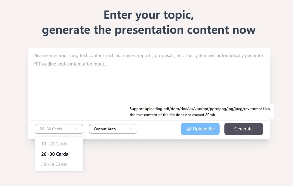 Gamma AI review of tiered card selection feature ranging from 10 to 39 slides