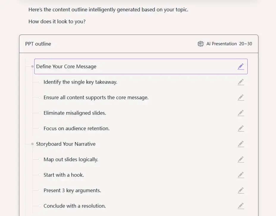 Gamma AI automatically generates presentation outline from uploaded PDF document