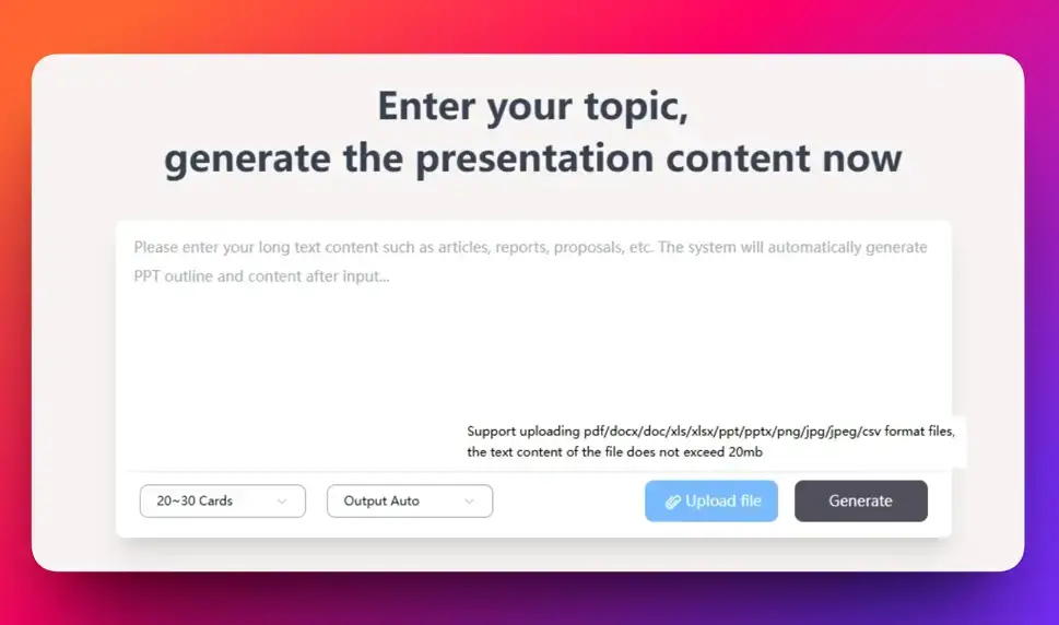Gamma AI presentation generator interface creating slides from a topic automatically