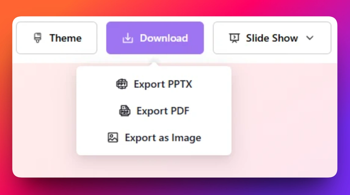 Gamma export interface with one-click export to PowerPoint, PDF, and image formats.WebP