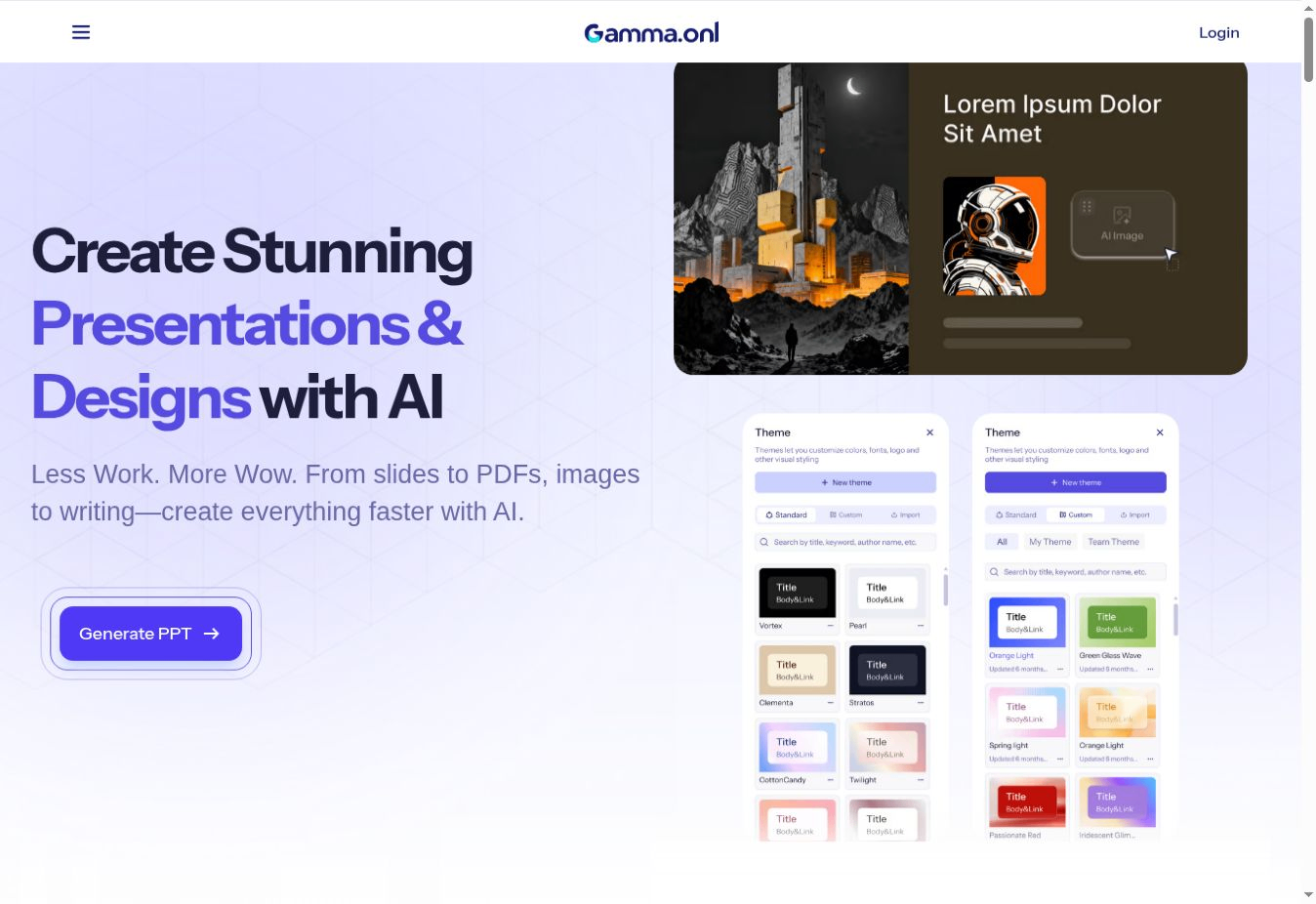 Gamma.onl public product overview showing presentation editing, AI image tools, and theme controls.